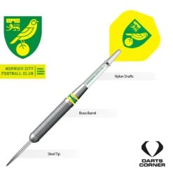 Norwich City FC - Official Licensed - The Canaries - Steel Tip Darts - Brass - 22g -Dart Shop Norwich City FC Darts Steel Tip Brass 3