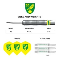 Norwich City FC - Official Licensed - The Canaries - Steel Tip Darts - Brass - 22g -Dart Shop Norwich City FC Darts Steel Tip Brass 4